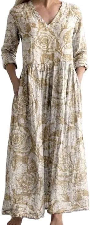 Women's Summer Casual Boho Floral Dress Plus Size V Neck 3/4 Sleeve Flowy Maxi Dresses with Pockets