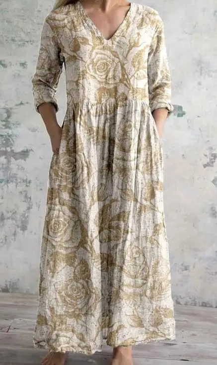 Women's Summer Casual Boho Floral Dress Plus Size V Neck 3/4 Sleeve Flowy Maxi Dresses with Pockets
