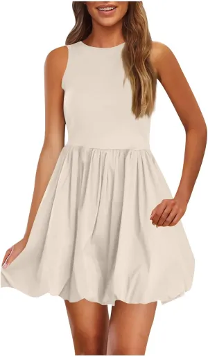Women's Summer Casual Sleeveless Midi Sundress Scoop Neck Tank Dress Solid Flowy A Line Swing Wrap Tunic Dresses