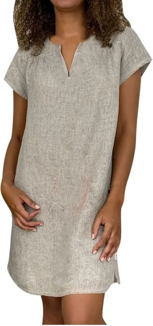 Womens Summer Cotton Linen V Neck Short Dress Short Sleeve Mini Dress Casual Loose Tshirt Dress Plus Size Sundress