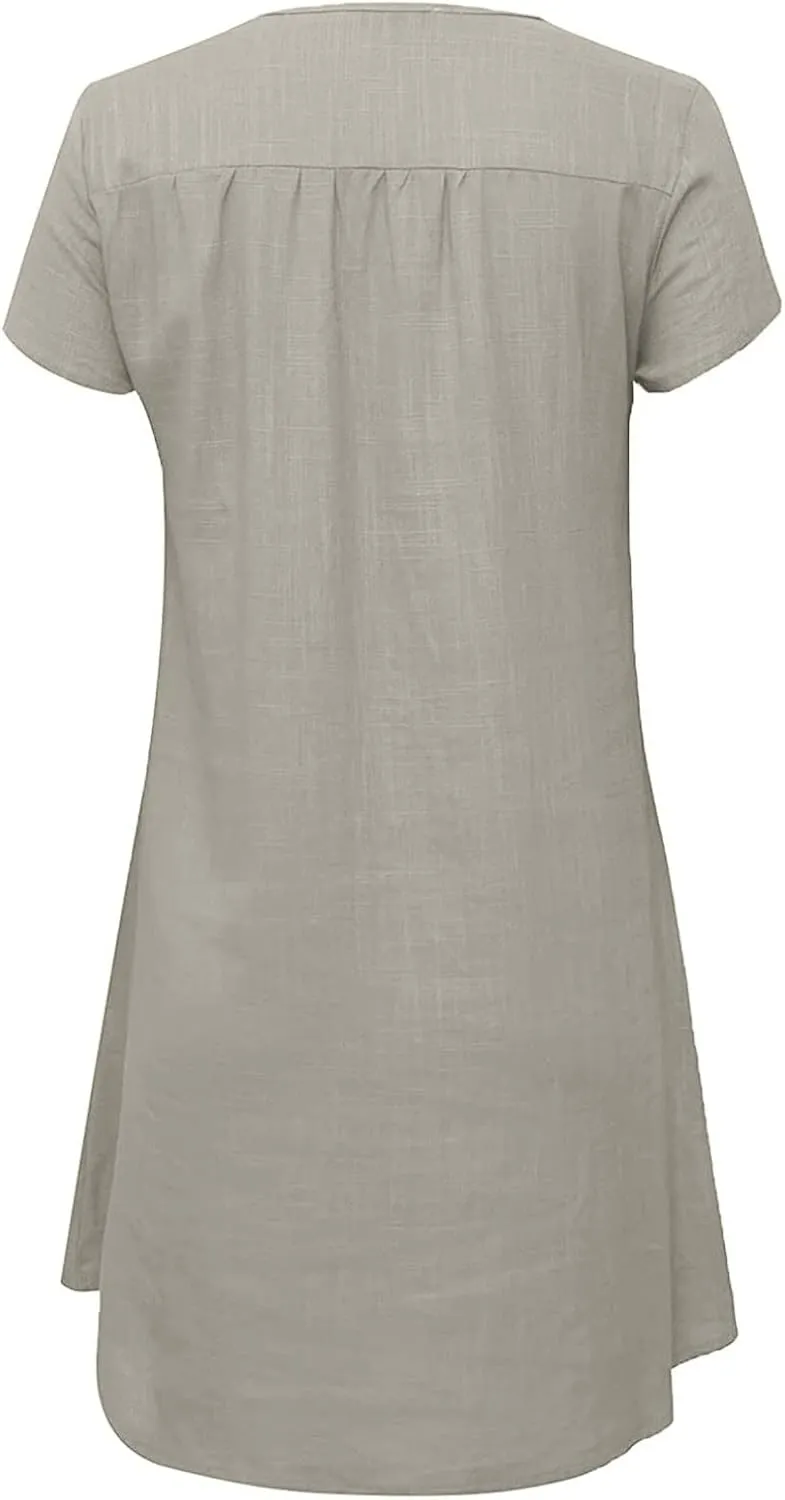 Womens Summer Cotton Linen V Neck Short Dress Short Sleeve Mini Dress Casual Loose Tshirt Dress Plus Size Sundress