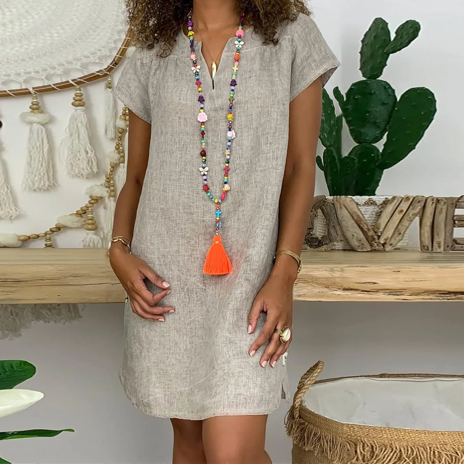 Womens Summer Cotton Linen V Neck Short Dress Short Sleeve Mini Dress Casual Loose Tshirt Dress Plus Size Sundress