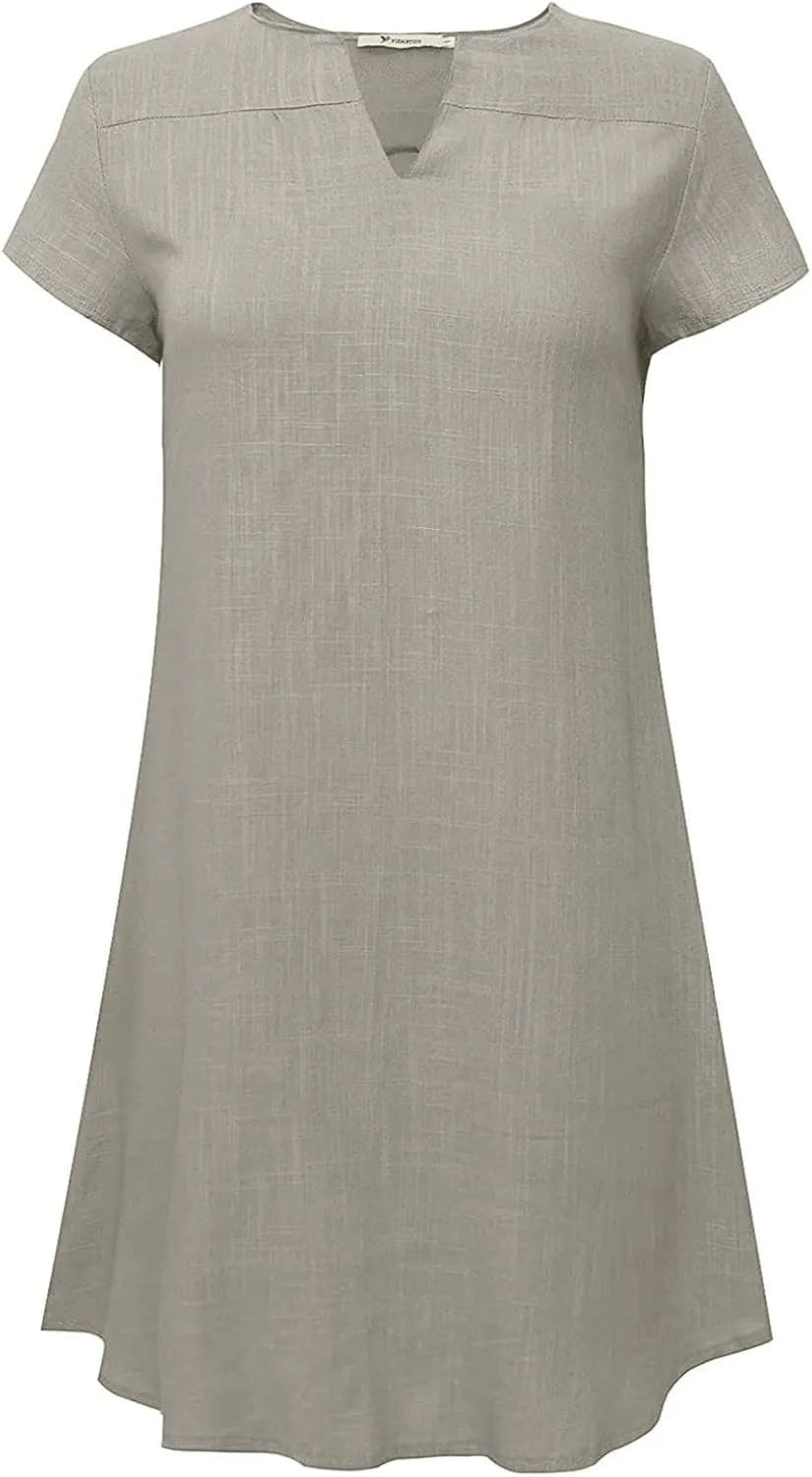 Womens Summer Cotton Linen V Neck Short Dress Short Sleeve Mini Dress Casual Loose Tshirt Dress Plus Size Sundress