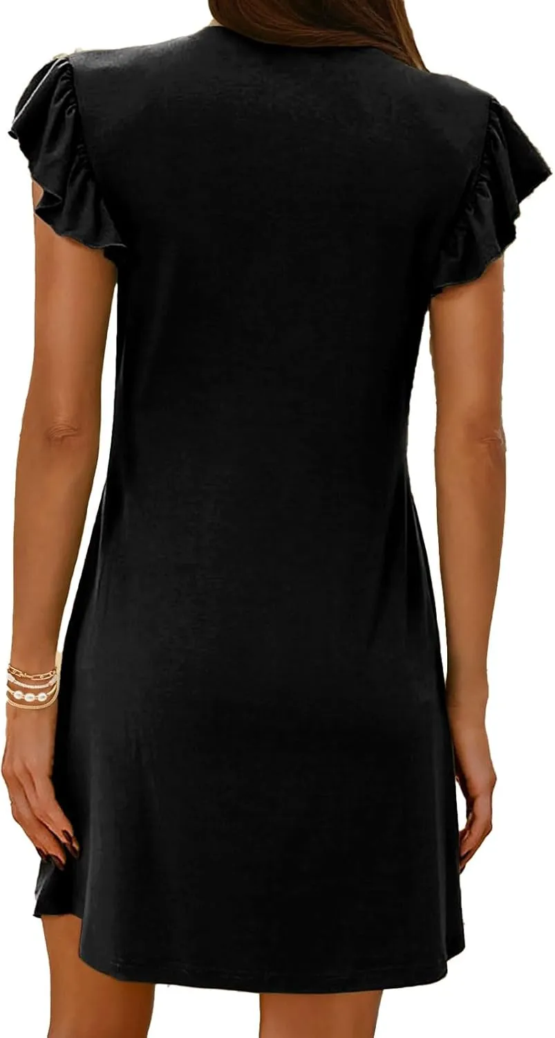 Women's Summer Dresses Casual Deep V Neck Ruffle Sleeve Dress Loose Fit Mini Dress Flowy Beach Vacation Sundress