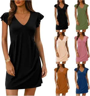 Women's Summer Dresses Casual Deep V Neck Ruffle Sleeve Dress Loose Fit Mini Dress Flowy Beach Vacation Sundress