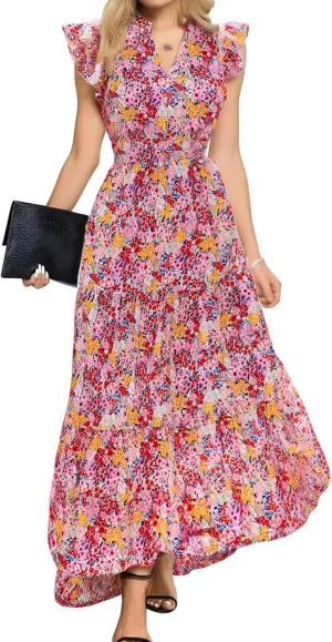 Womens Summer Floral Midi Dresses Cap Sleeve Beach Vacation Dress V Neck Ruffle Long Flowy Boho Casual Long Flowy Dress