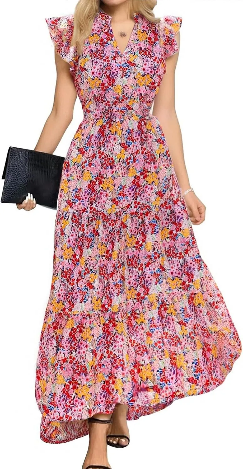 Womens Summer Floral Midi Dresses Cap Sleeve Beach Vacation Dress V Neck Ruffle Long Flowy Boho Casual Long Flowy Dress