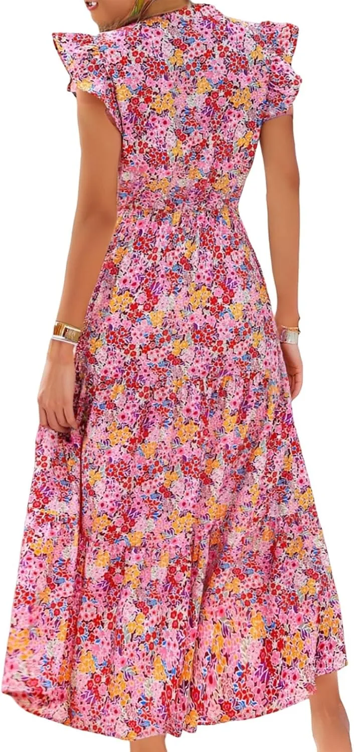 Womens Summer Floral Midi Dresses Cap Sleeve Beach Vacation Dress V Neck Ruffle Long Flowy Boho Casual Long Flowy Dress