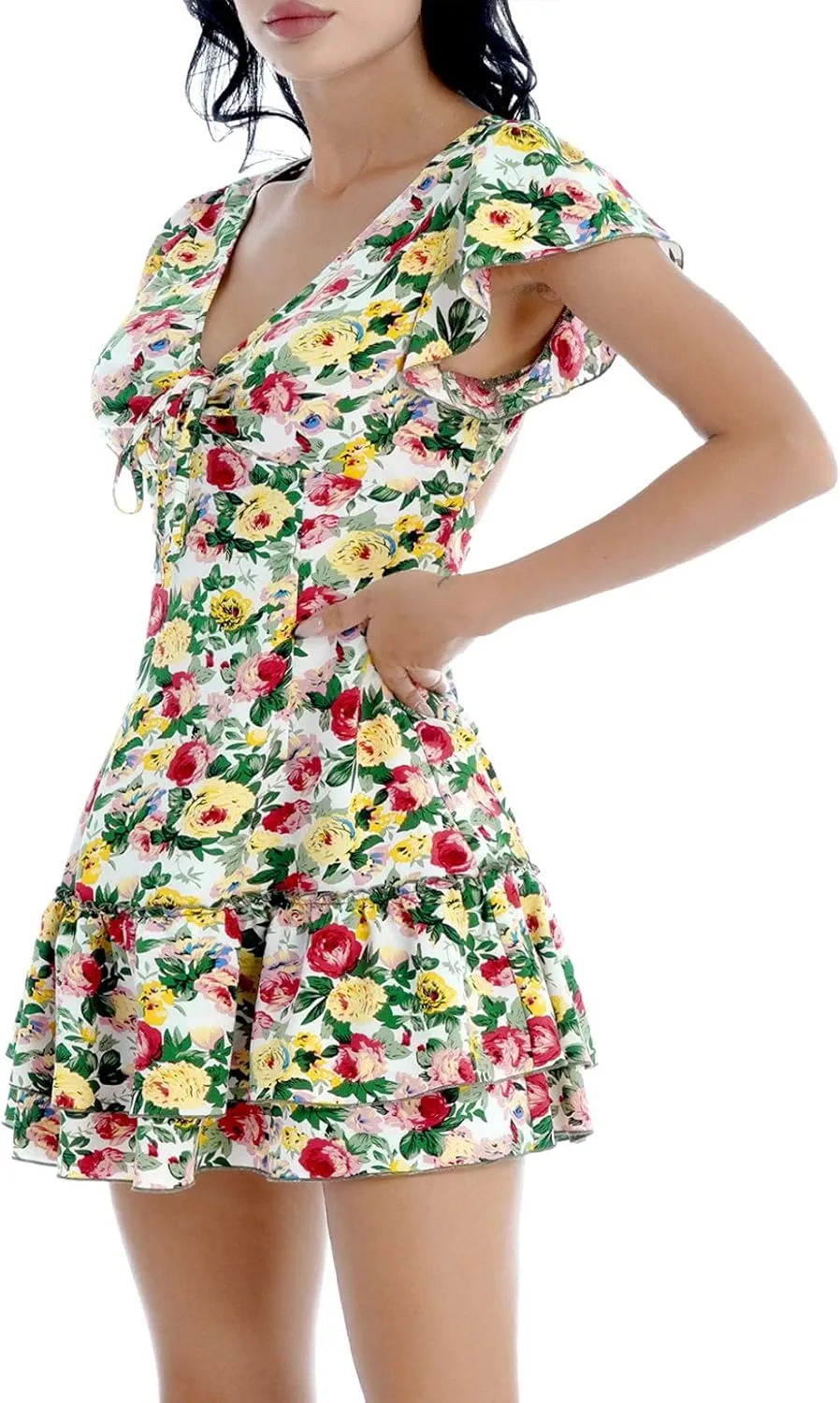 Womens Summer Ruffle Hem Sleeve Deep V-Neck Dress Floral Print Flare Mini Tunic Dresses