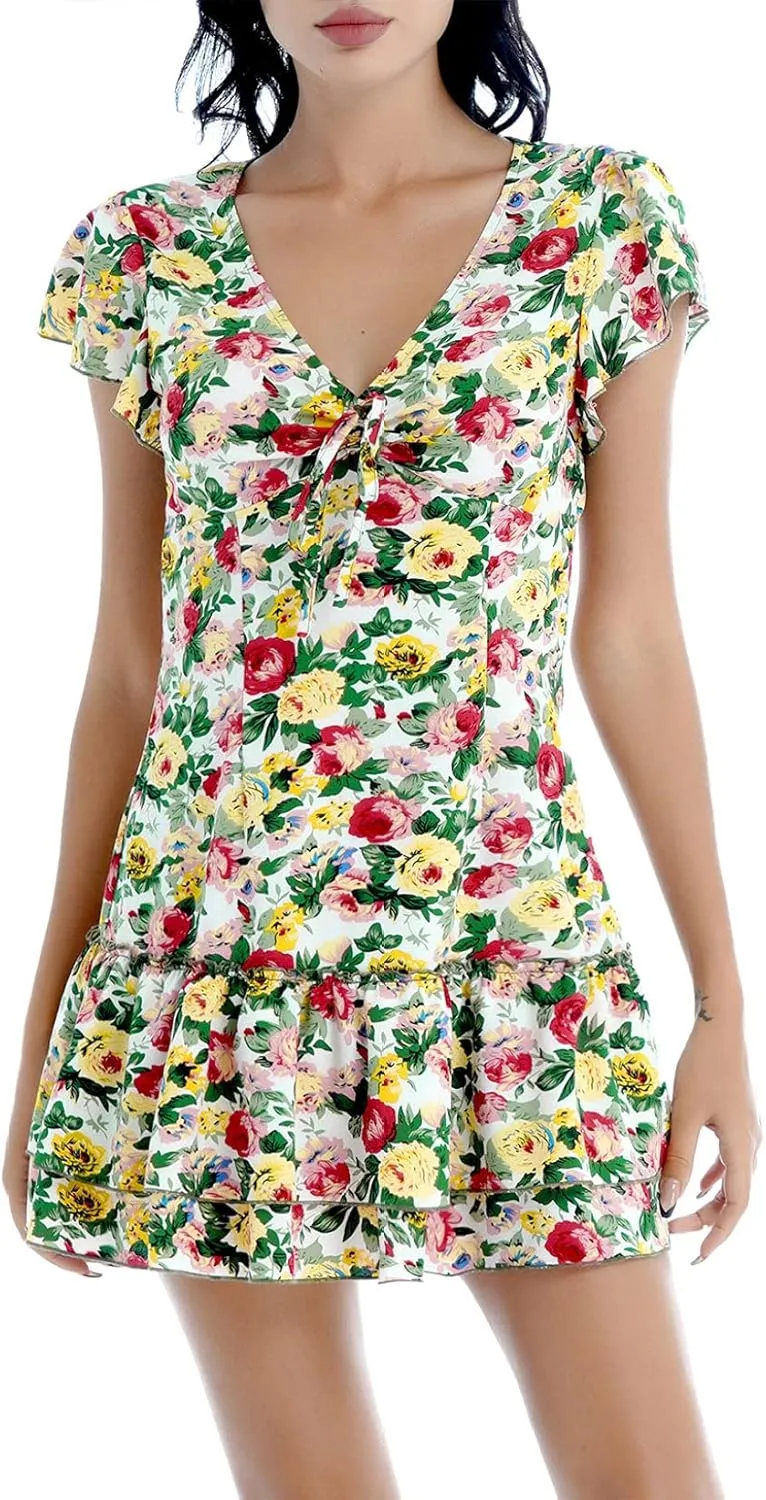 Womens Summer Ruffle Hem Sleeve Deep V-Neck Dress Floral Print Flare Mini Tunic Dresses