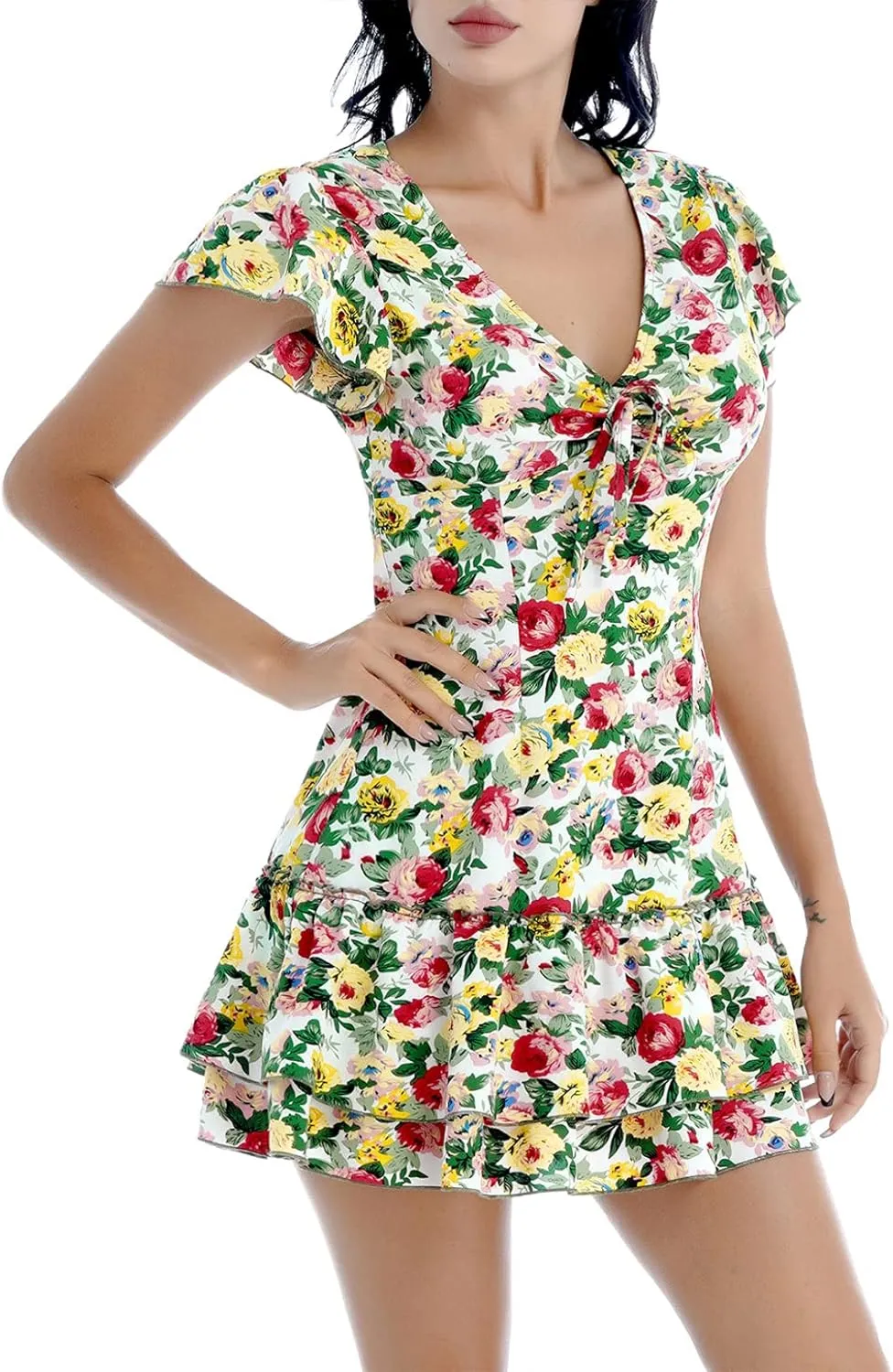 Womens Summer Ruffle Hem Sleeve Deep V-Neck Dress Floral Print Flare Mini Tunic Dresses