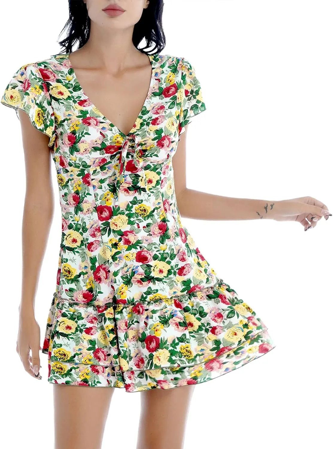 Womens Summer Ruffle Hem Sleeve Deep V-Neck Dress Floral Print Flare Mini Tunic Dresses