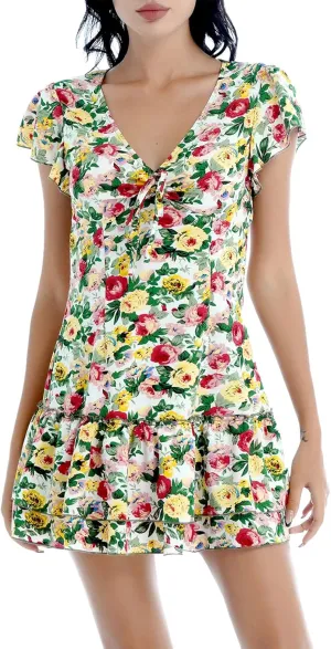 Womens Summer Ruffle Hem Sleeve Deep V-Neck Dress Floral Print Flare Mini Tunic Dresses