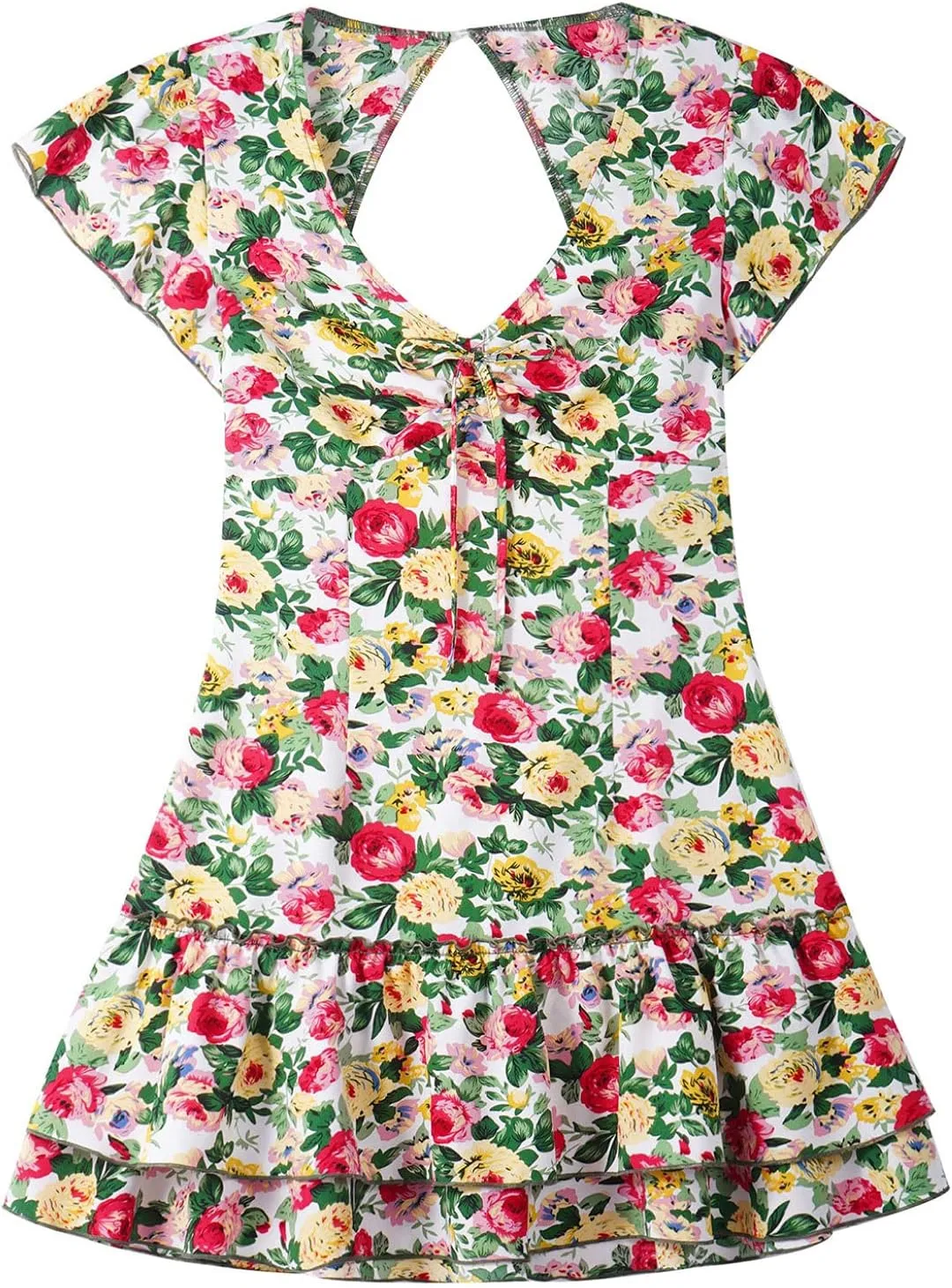 Womens Summer Ruffle Hem Sleeve Deep V-Neck Dress Floral Print Flare Mini Tunic Dresses
