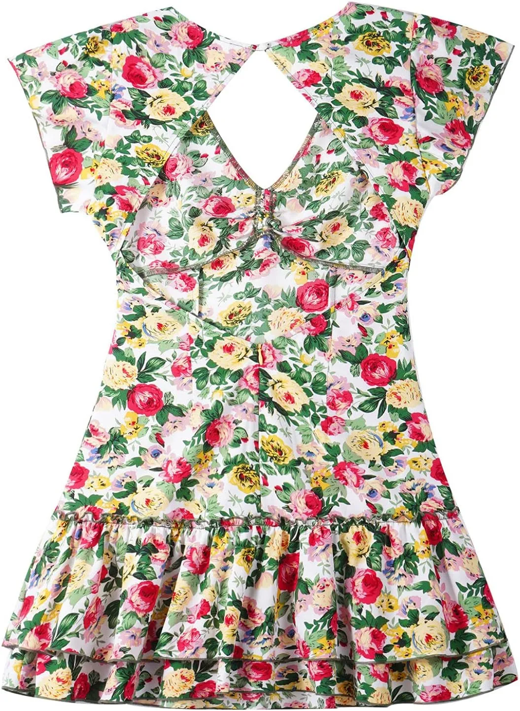Womens Summer Ruffle Hem Sleeve Deep V-Neck Dress Floral Print Flare Mini Tunic Dresses