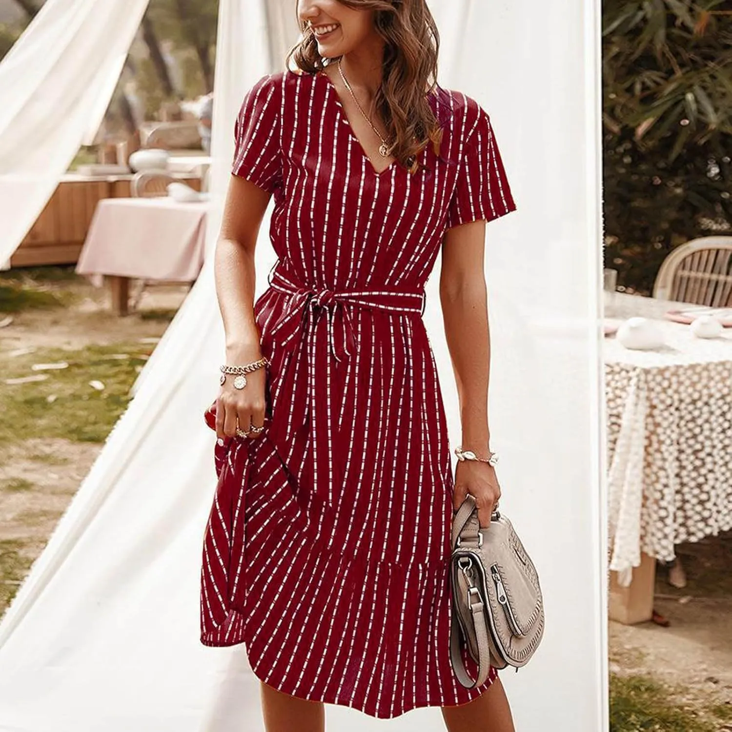 Womens Summer Striped Ruffle Hem Dress Short Sleeve V Neck Flowy A-Line Dresses Casual Waist Lace Up Knee Length Dress