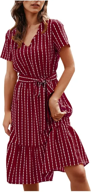 Womens Summer Striped Ruffle Hem Dress Short Sleeve V Neck Flowy A-Line Dresses Casual Waist Lace Up Knee Length Dress
