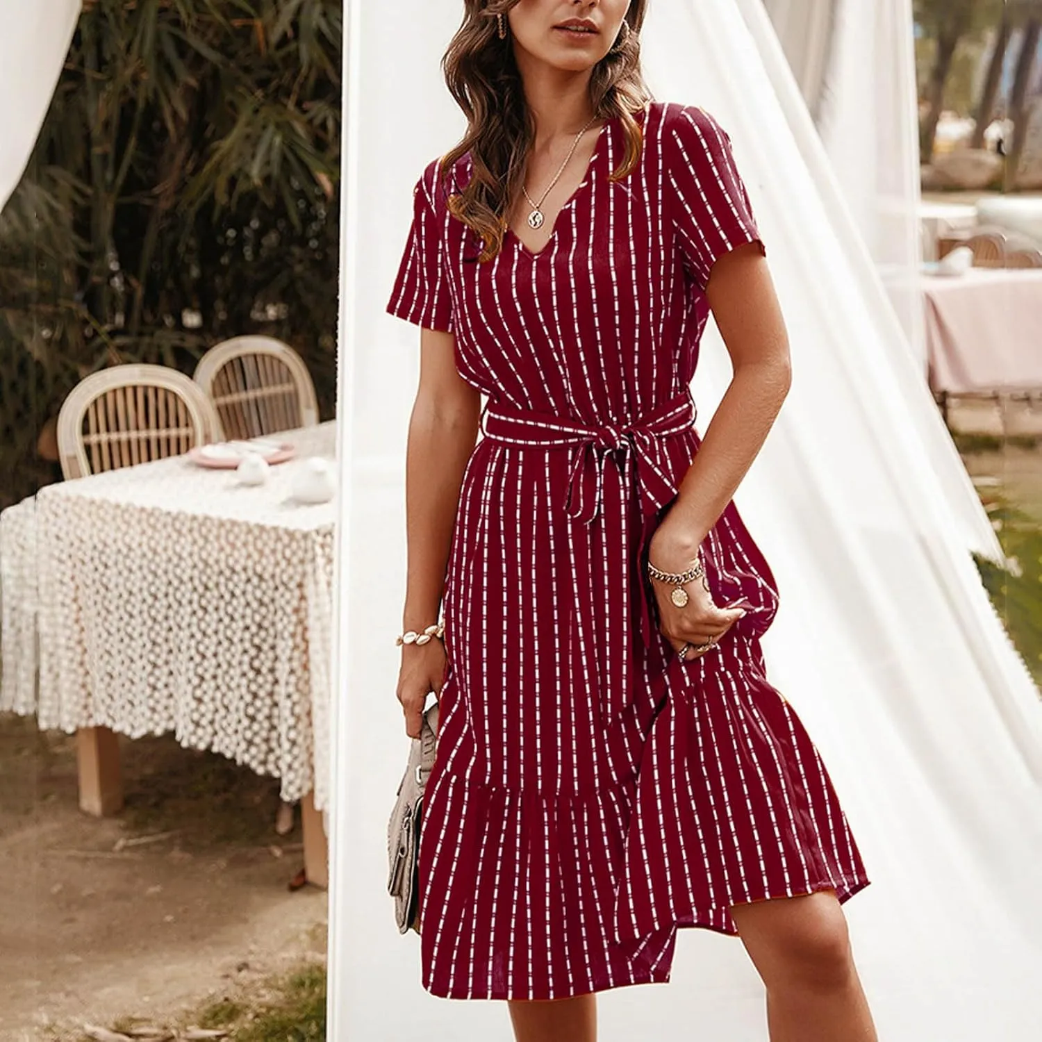 Womens Summer Striped Ruffle Hem Dress Short Sleeve V Neck Flowy A-Line Dresses Casual Waist Lace Up Knee Length Dress