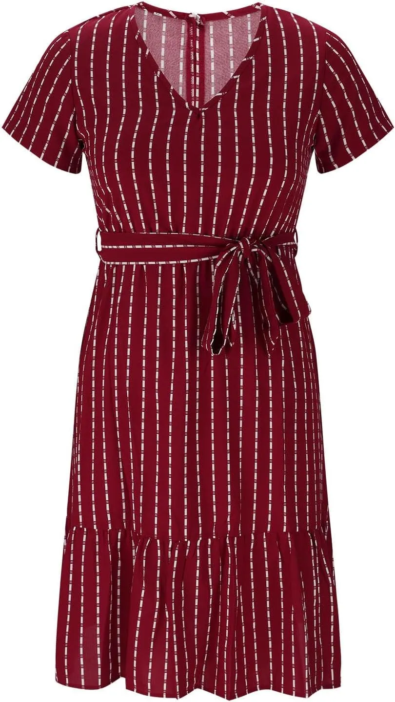Womens Summer Striped Ruffle Hem Dress Short Sleeve V Neck Flowy A-Line Dresses Casual Waist Lace Up Knee Length Dress