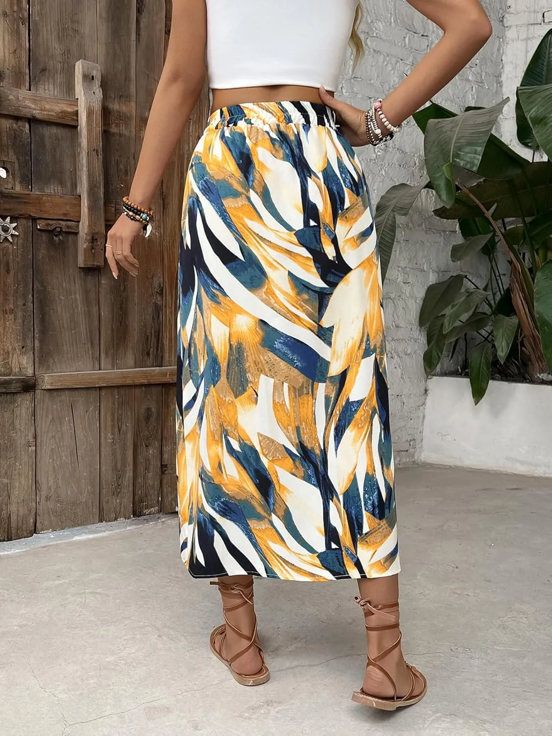Women's Summer Tropical Floral Print Split Long Skirts High Waisted Casual Flowy Beach Vacation Maxi Skirts