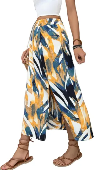 Women's Summer Tropical Floral Print Split Long Skirts High Waisted Casual Flowy Beach Vacation Maxi Skirts