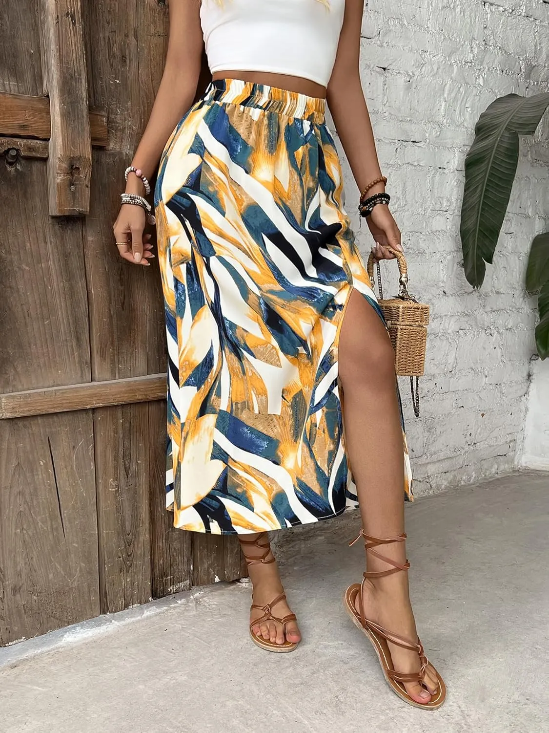 Women's Summer Tropical Floral Print Split Long Skirts High Waisted Casual Flowy Beach Vacation Maxi Skirts