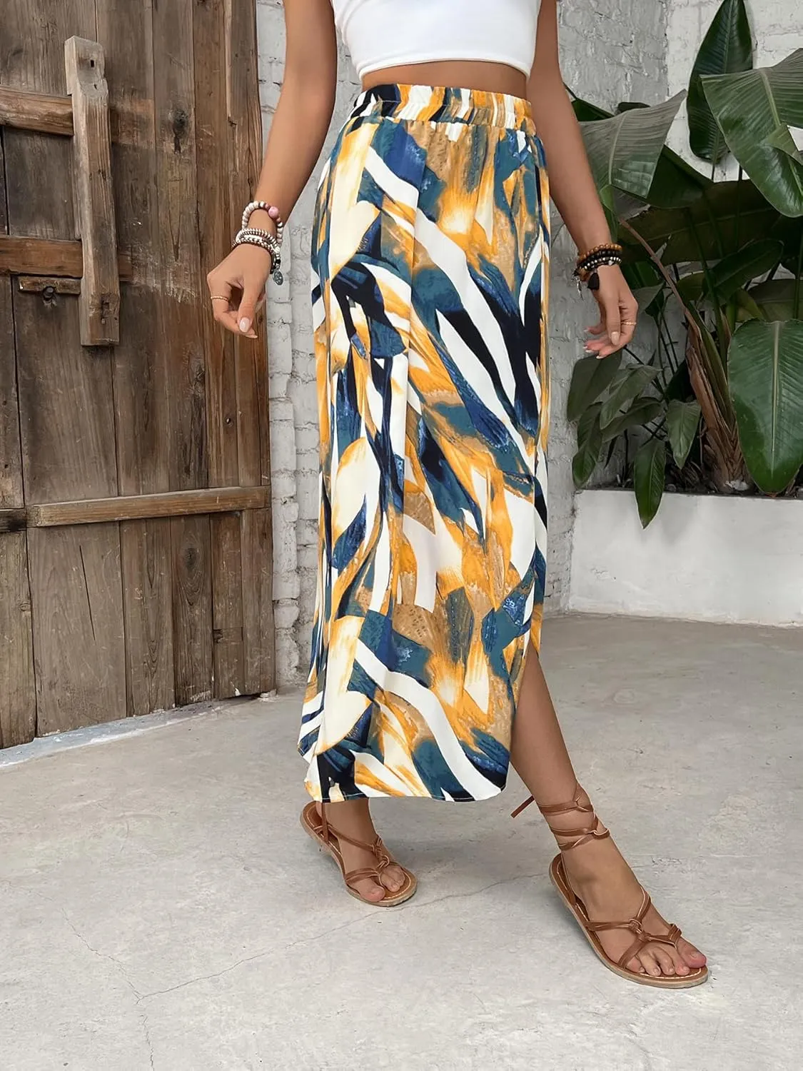 Women's Summer Tropical Floral Print Split Long Skirts High Waisted Casual Flowy Beach Vacation Maxi Skirts
