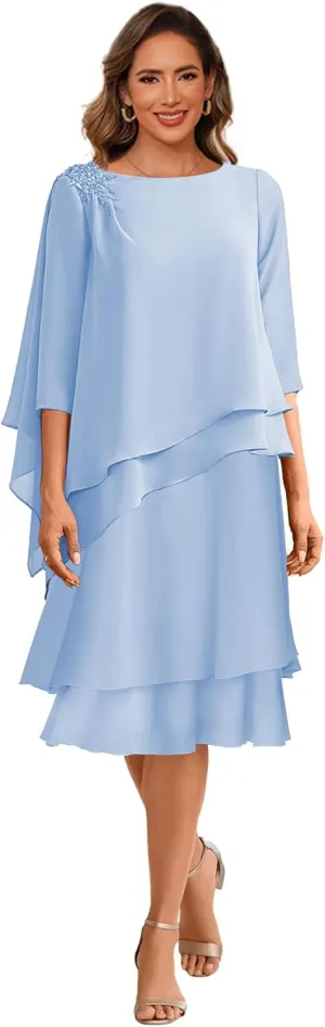 Women's Tea Length Mother of The Bride Dresses for Wedding 3/4 Sleeve Chiffon Ruffles Formal Evening Dress