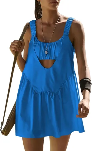 Womens Tennis Dress Built-in Bra and Shorts Sexy Backless Square Neck Strap Sleeveless Mini Dresses with Pockets
