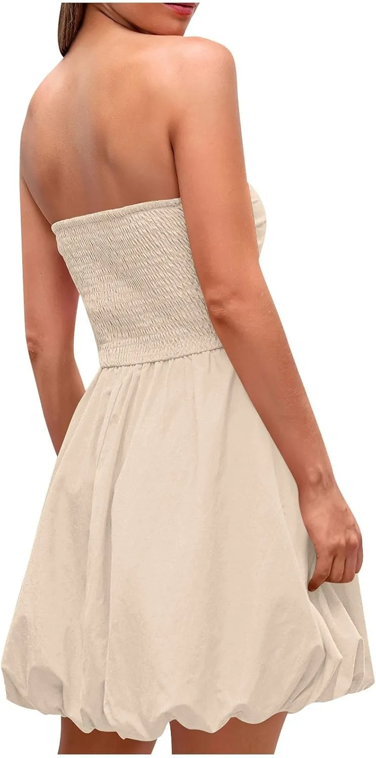 Women's Tube Top Dress 2025 Summer Casual Smocked A Line Sundress Trendy Strapless Bubble Short Beach Mini Dresses