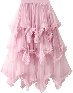 Womens Tulle Midi Skirt High Elastic Waist A-Line Mesh Elegant Long Irregular Layered Pleated Fairy Skirts for Party
