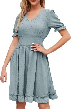 Womens V Neck Casual Vacation Dress Short Sleeve Empire Waist Swiss Dot Swing Ruffle Mini Beach Summer Dresses