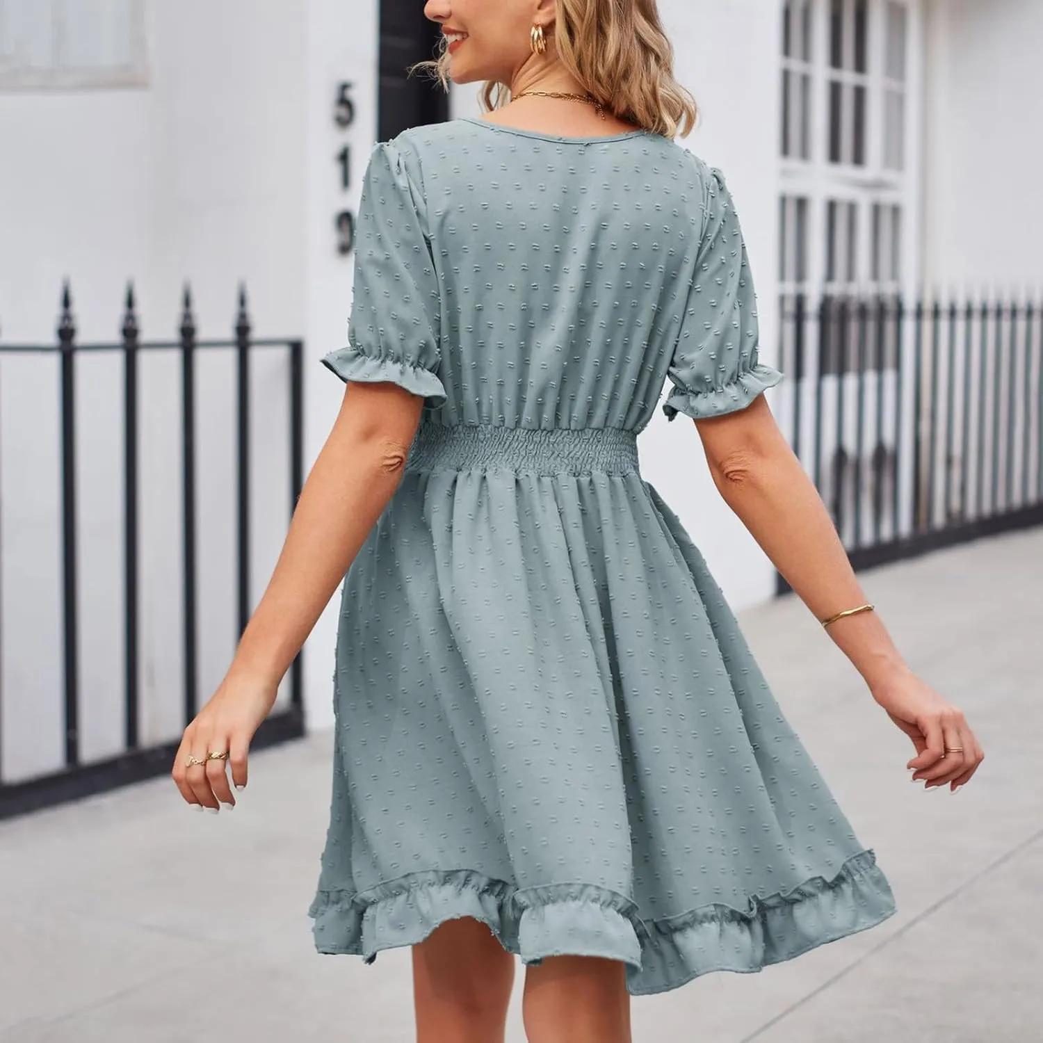 Womens V Neck Casual Vacation Dress Short Sleeve Empire Waist Swiss Dot Swing Ruffle Mini Beach Summer Dresses