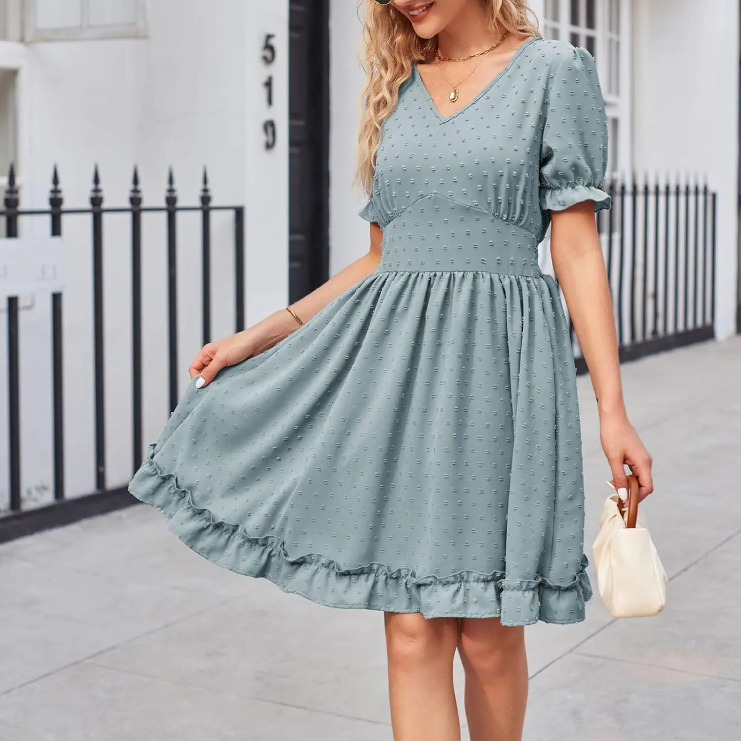 Womens V Neck Casual Vacation Dress Short Sleeve Empire Waist Swiss Dot Swing Ruffle Mini Beach Summer Dresses