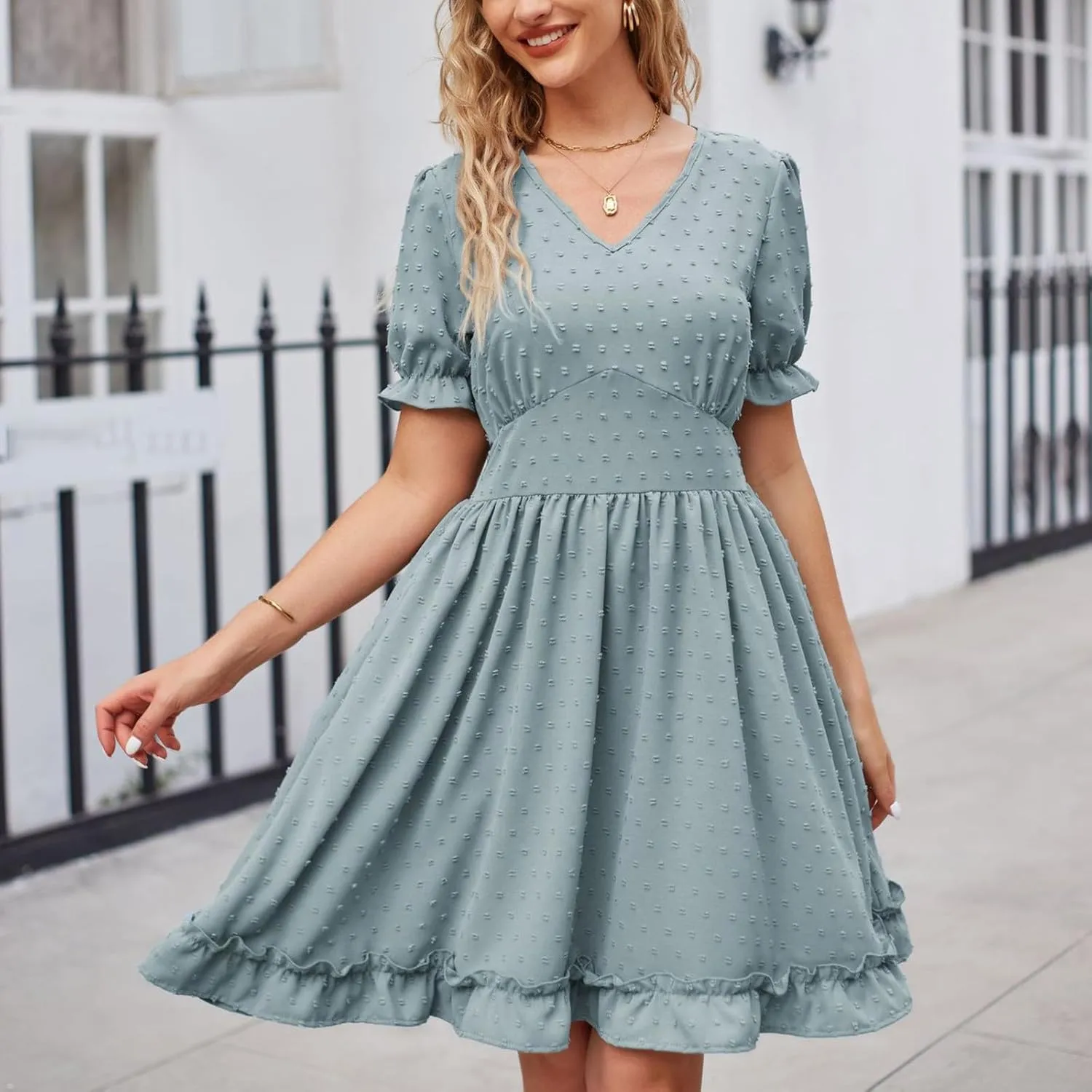Womens V Neck Casual Vacation Dress Short Sleeve Empire Waist Swiss Dot Swing Ruffle Mini Beach Summer Dresses