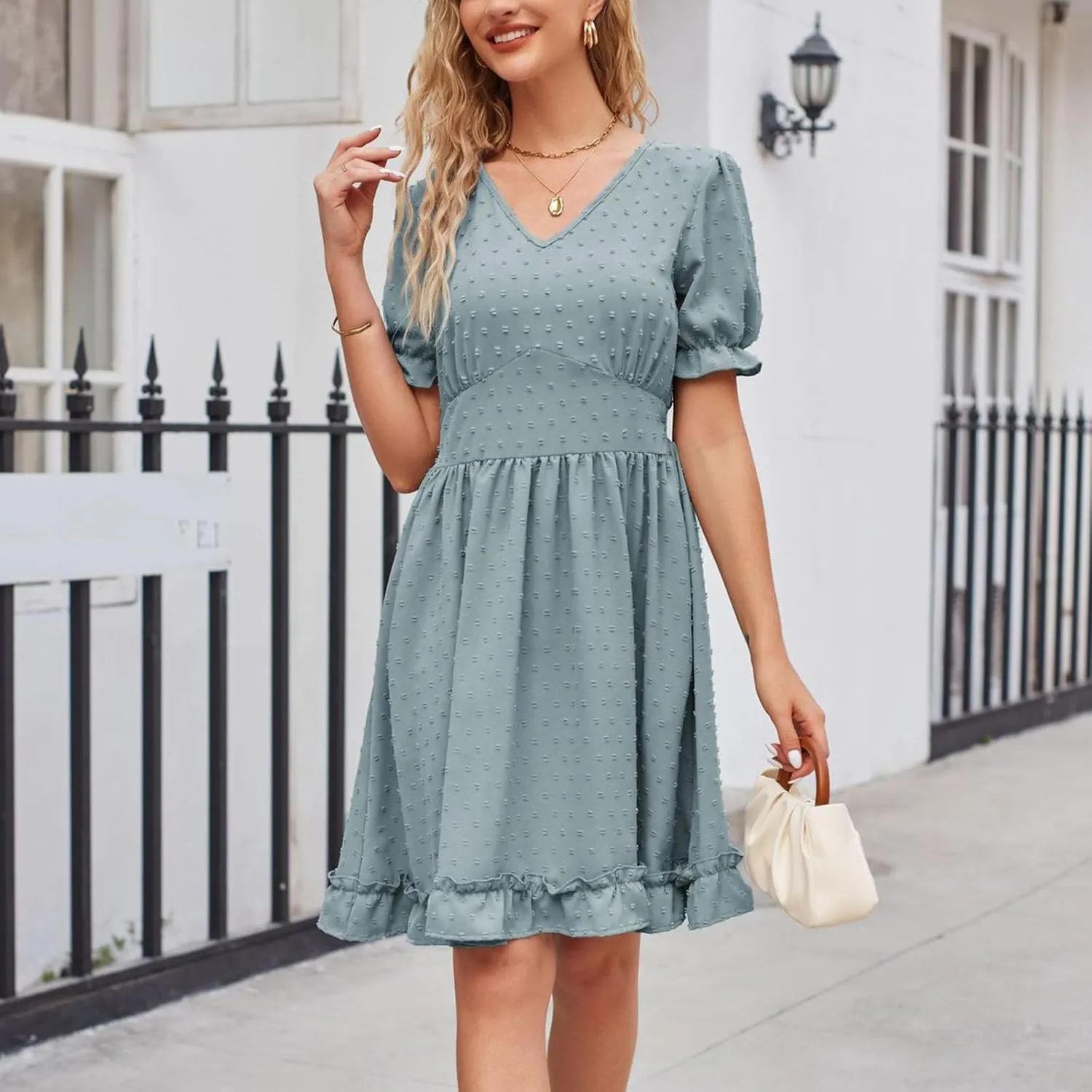 Womens V Neck Casual Vacation Dress Short Sleeve Empire Waist Swiss Dot Swing Ruffle Mini Beach Summer Dresses
