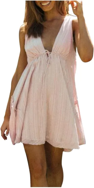 Womens V Neck Tie Dresses Ruffle Sleeve Flowy Swing A-Line Vintage Summer Mini Dress
