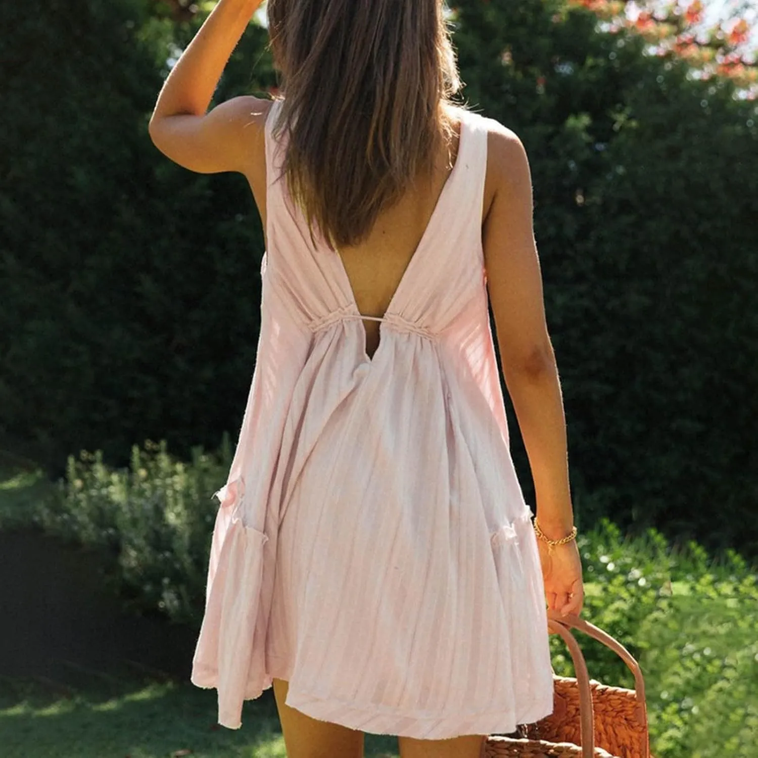 Womens V Neck Tie Dresses Ruffle Sleeve Flowy Swing A-Line Vintage Summer Mini Dress