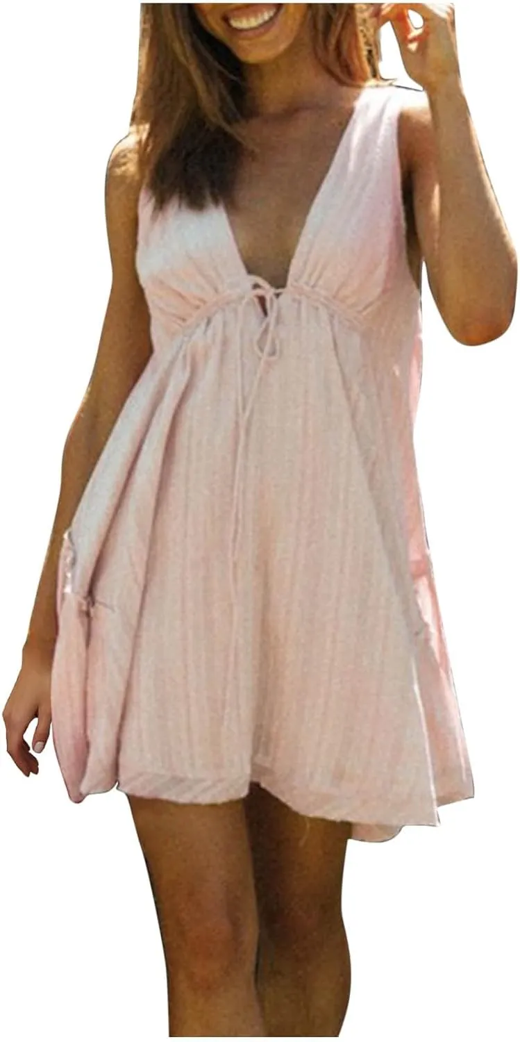 Womens V Neck Tie Dresses Ruffle Sleeve Flowy Swing A-Line Vintage Summer Mini Dress