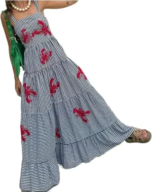 XPONNI Gingham Dress Lobster Summer Maxi Dresses for Women 2024 Shrimp Long Dress Flowy Ruffle Linen Sun Dress