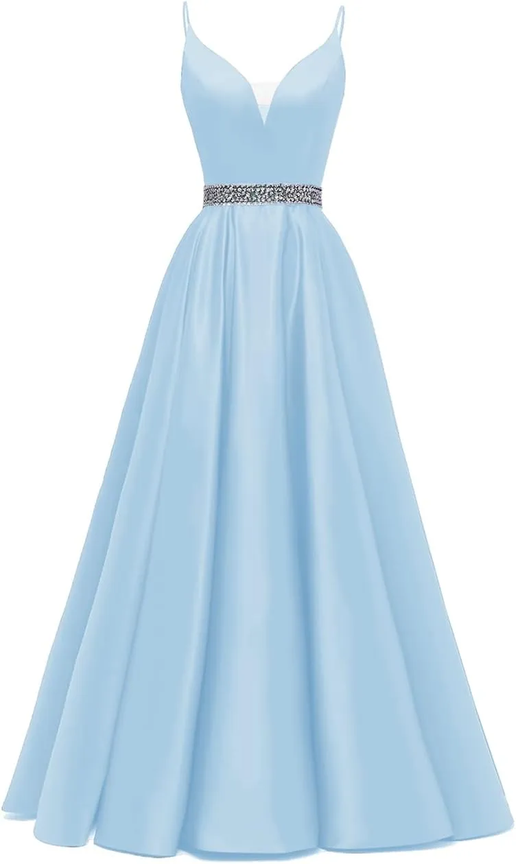 Yexinbridal Satin Prom Dresses Long for Women 2025 Spaghetti Straps Beaded V-Neck Formal Evening Party Gowns
