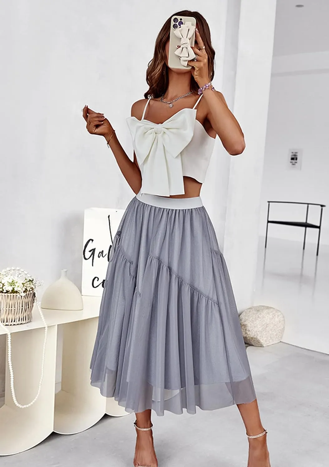 YMING Womens A Line Knee Length Tutu Skirts Swiss Dot Tulle Skirt Solid Color High Waist Prom Skirt