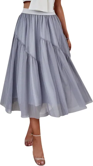 YMING Womens A Line Knee Length Tutu Skirts Swiss Dot Tulle Skirt Solid Color High Waist Prom Skirt