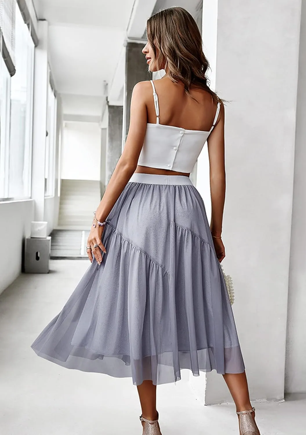 YMING Womens A Line Knee Length Tutu Skirts Swiss Dot Tulle Skirt Solid Color High Waist Prom Skirt
