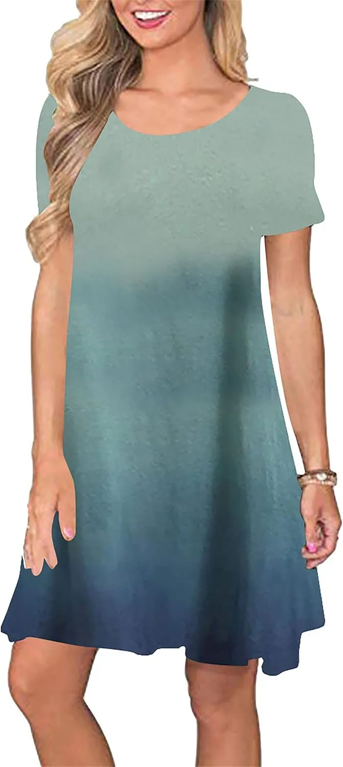 YMING Womens Plus Size Gradient Short Sleeve Dress Loose Fit Swing Sundress Summer Mini Shirt Dresses with Pockets