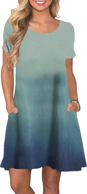 YMING Womens Plus Size Gradient Short Sleeve Dress Loose Fit Swing Sundress Summer Mini Shirt Dresses with Pockets