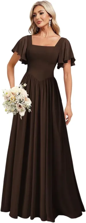 YMSHA Short Sleeve Bridesmaid Dresses for Women A Line Square Neck Formal Party Dress YMS440