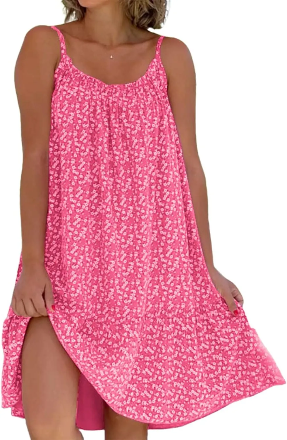 yoeasy Women Loose Floral Printed Sleeveless Spaghetti Straps Mini Sundress Boho Beach Swing Mini Dresses