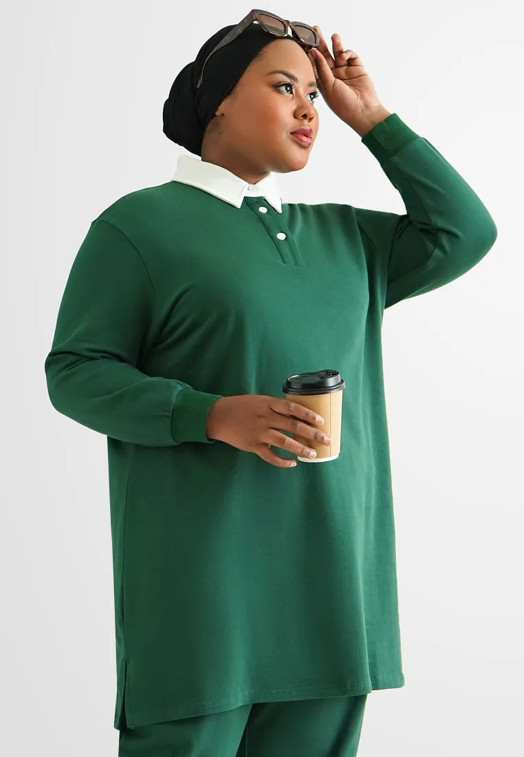 Yoko TERRY Contrast Collar Long Sleeve Dress