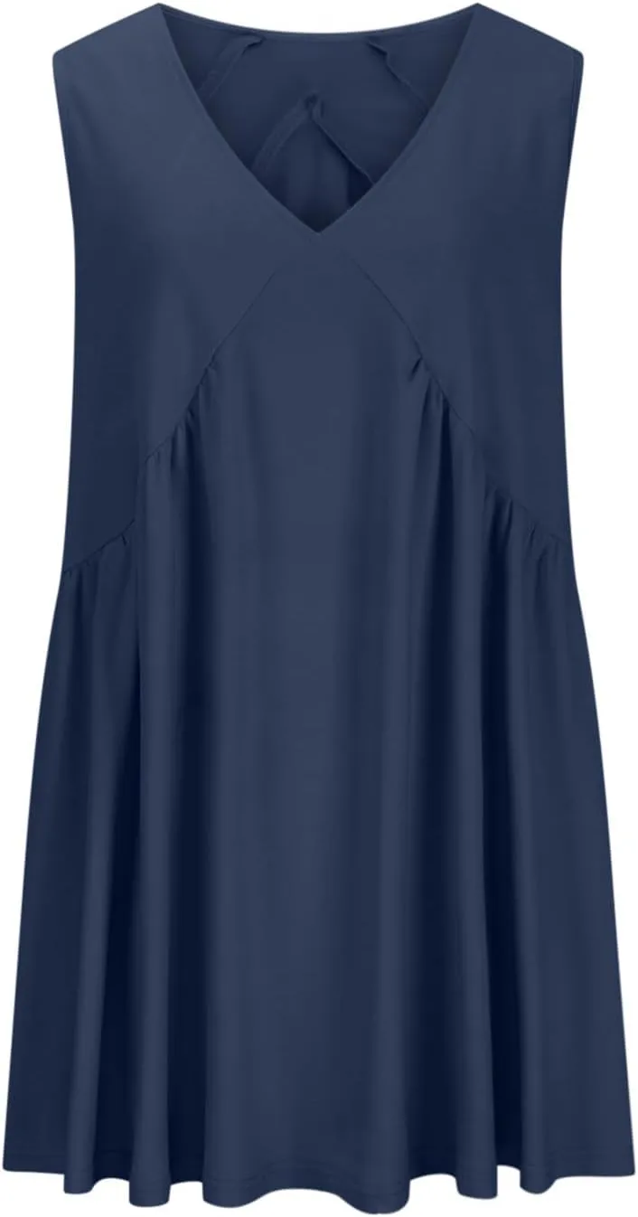 ZDRZK Sundresses for Women Summer Casual Sleeveless Babydoll Cute Dresses Pleated Loose V-Neck Flwoy Swing Beach Dress